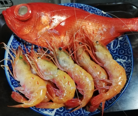 銚子沖産、金目鯛とボタン海老